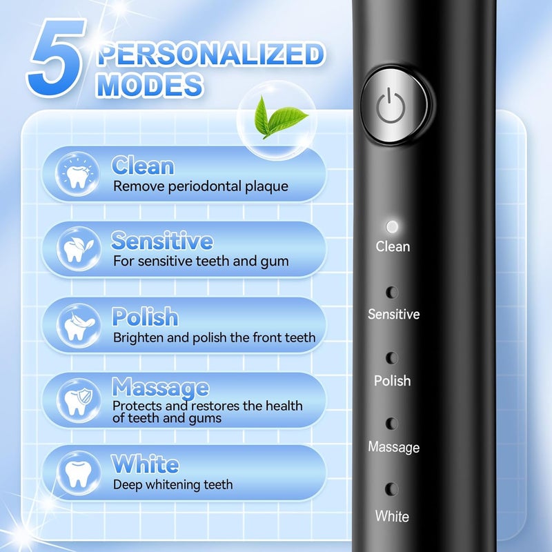 JTF Sonic Electric Toothbrush for Adults: 6 Brush Heads, Travel Bag, Tongue Scraper, 5 Brushing Modes for Teeth, Smart Timer and IPX7 Waterproof, Rechargeable Toothbrush for Deep Cleaning & Whitening - Image 2